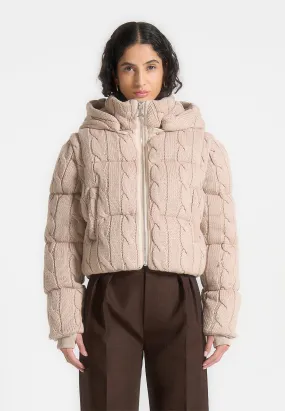 2-in-1 Cable Knit Puffer Jacket/Gilet - Beige