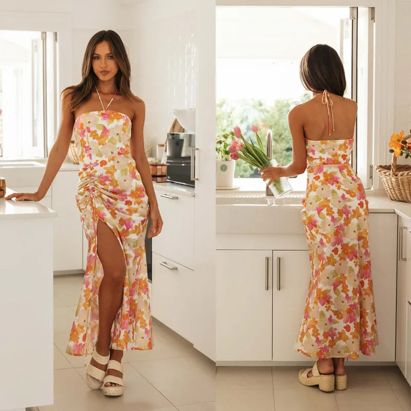 2024 Europe and America Cross Border Temperament Sexy Print Halter Lace-up Backless Dress Swing Fork Long Dress