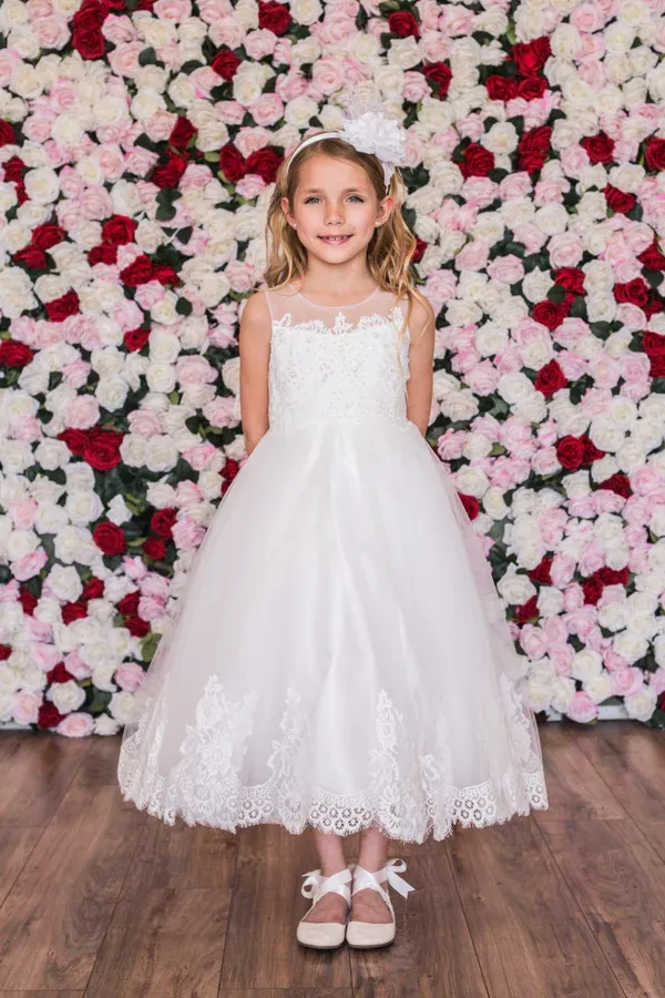 7007   Lace Appliqué Illusion Bateau First Communion or Flower Girl Dress Dress