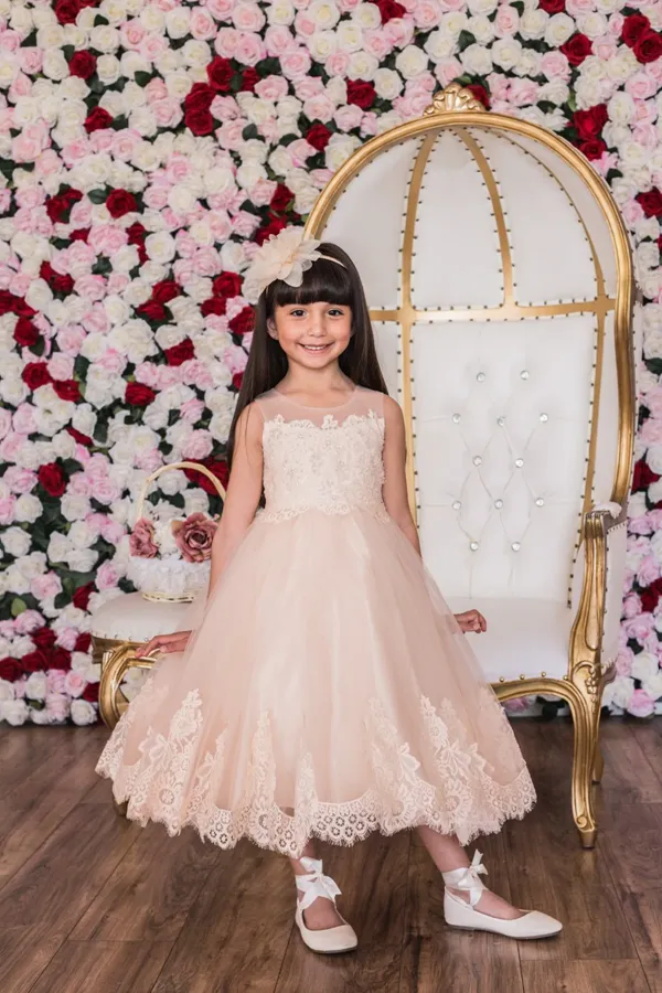 7007   Lace Appliqué Illusion Bateau First Communion or Flower Girl Dress Dress