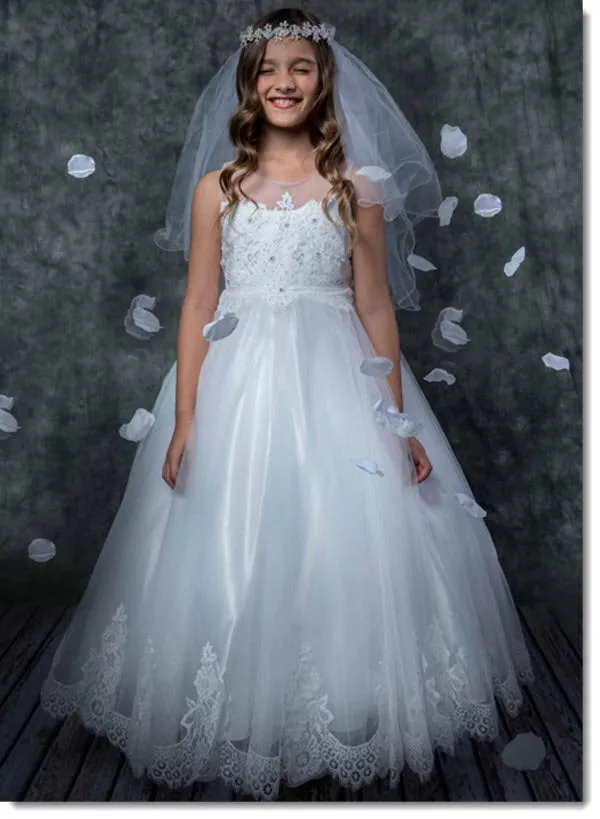 7007   Lace Appliqué Illusion Bateau First Communion or Flower Girl Dress Dress