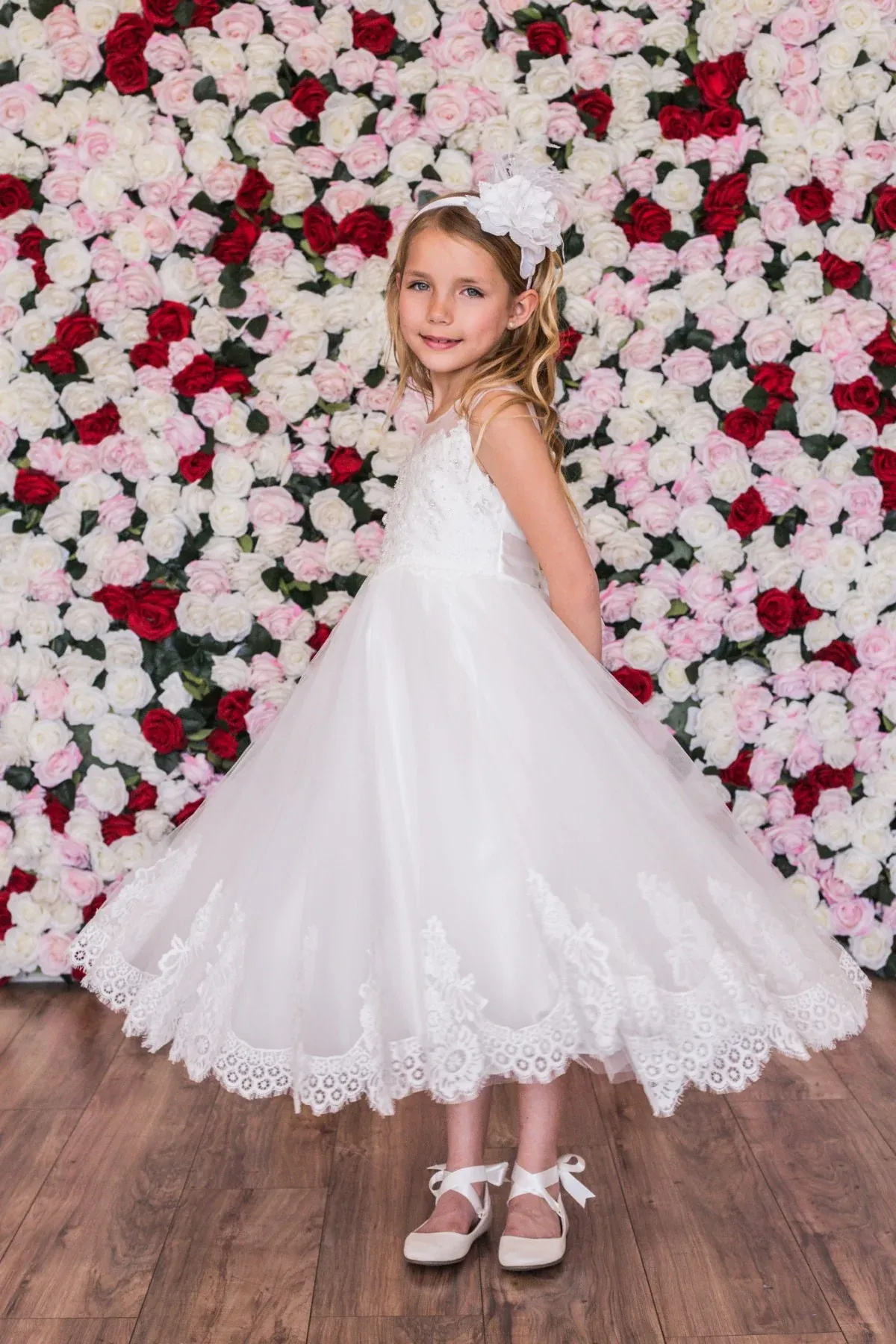 7007   Lace Appliqué Illusion Bateau First Communion or Flower Girl Dress Dress