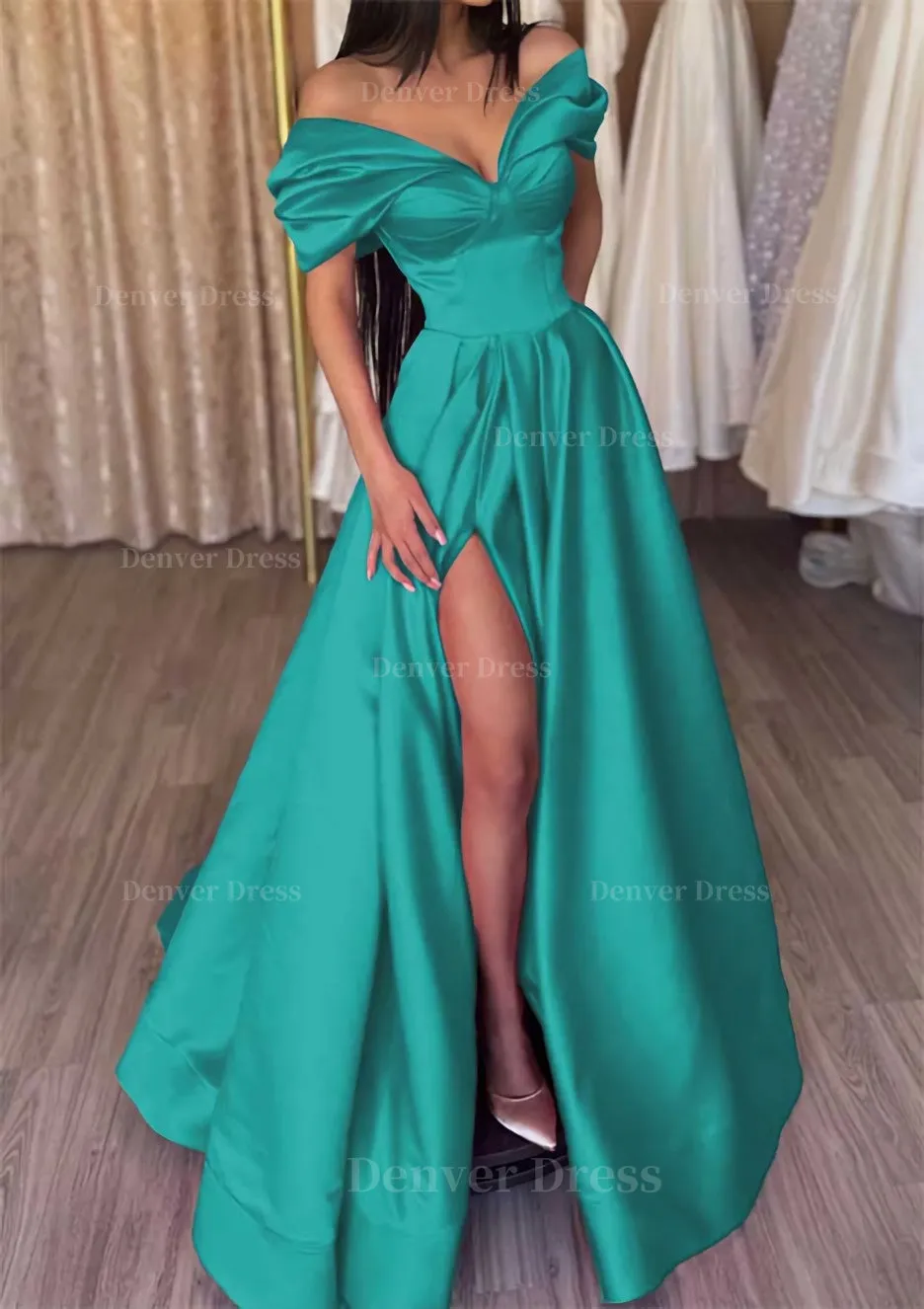 A-line Off-the-Shoulder Short Sleeve Satin Long/Floor-Length Prom Dress With Ruffles Split