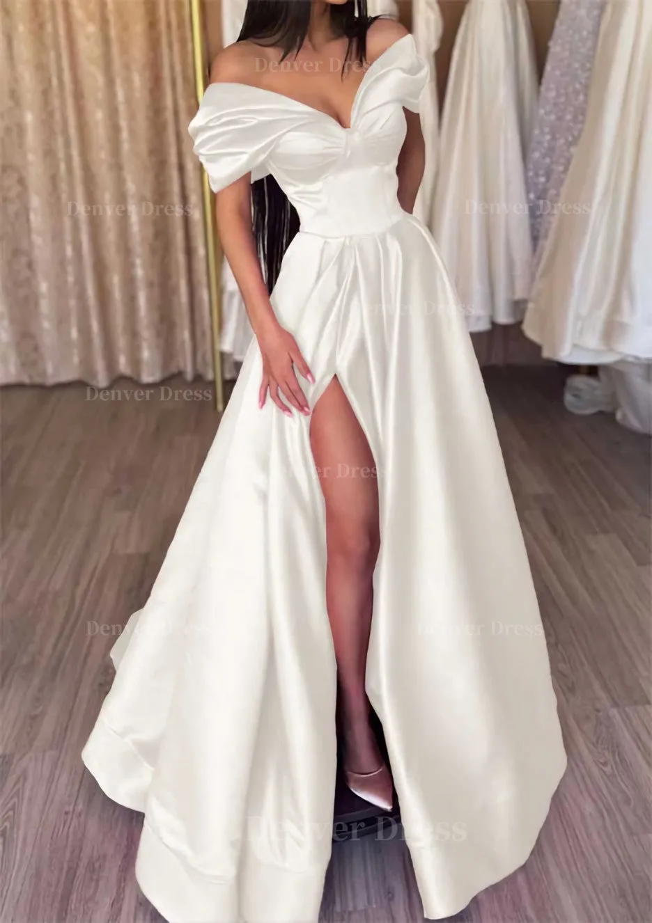 A-line Off-the-Shoulder Short Sleeve Satin Long/Floor-Length Prom Dress With Ruffles Split