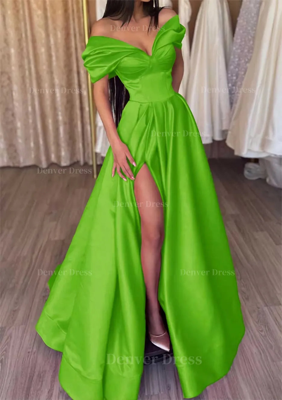 A-line Off-the-Shoulder Short Sleeve Satin Long/Floor-Length Prom Dress With Ruffles Split