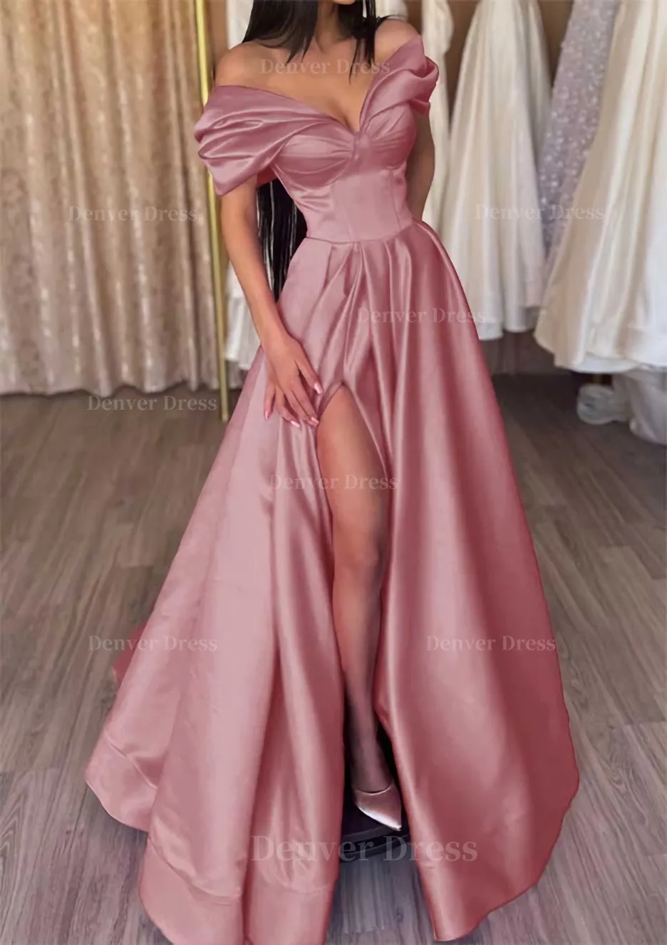 A-line Off-the-Shoulder Short Sleeve Satin Long/Floor-Length Prom Dress With Ruffles Split