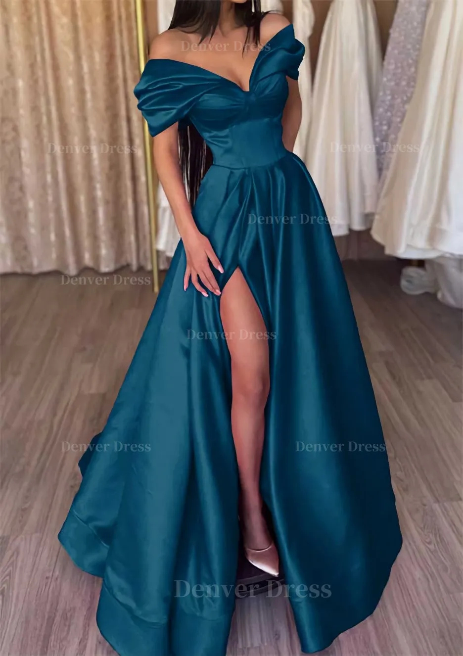 A-line Off-the-Shoulder Short Sleeve Satin Long/Floor-Length Prom Dress With Ruffles Split