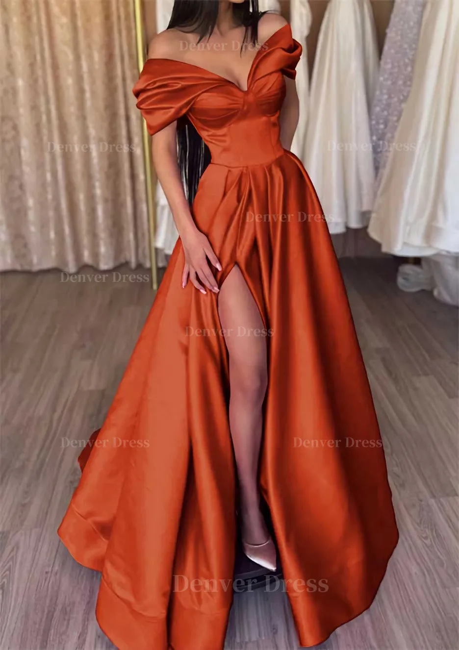 A-line Off-the-Shoulder Short Sleeve Satin Long/Floor-Length Prom Dress With Ruffles Split