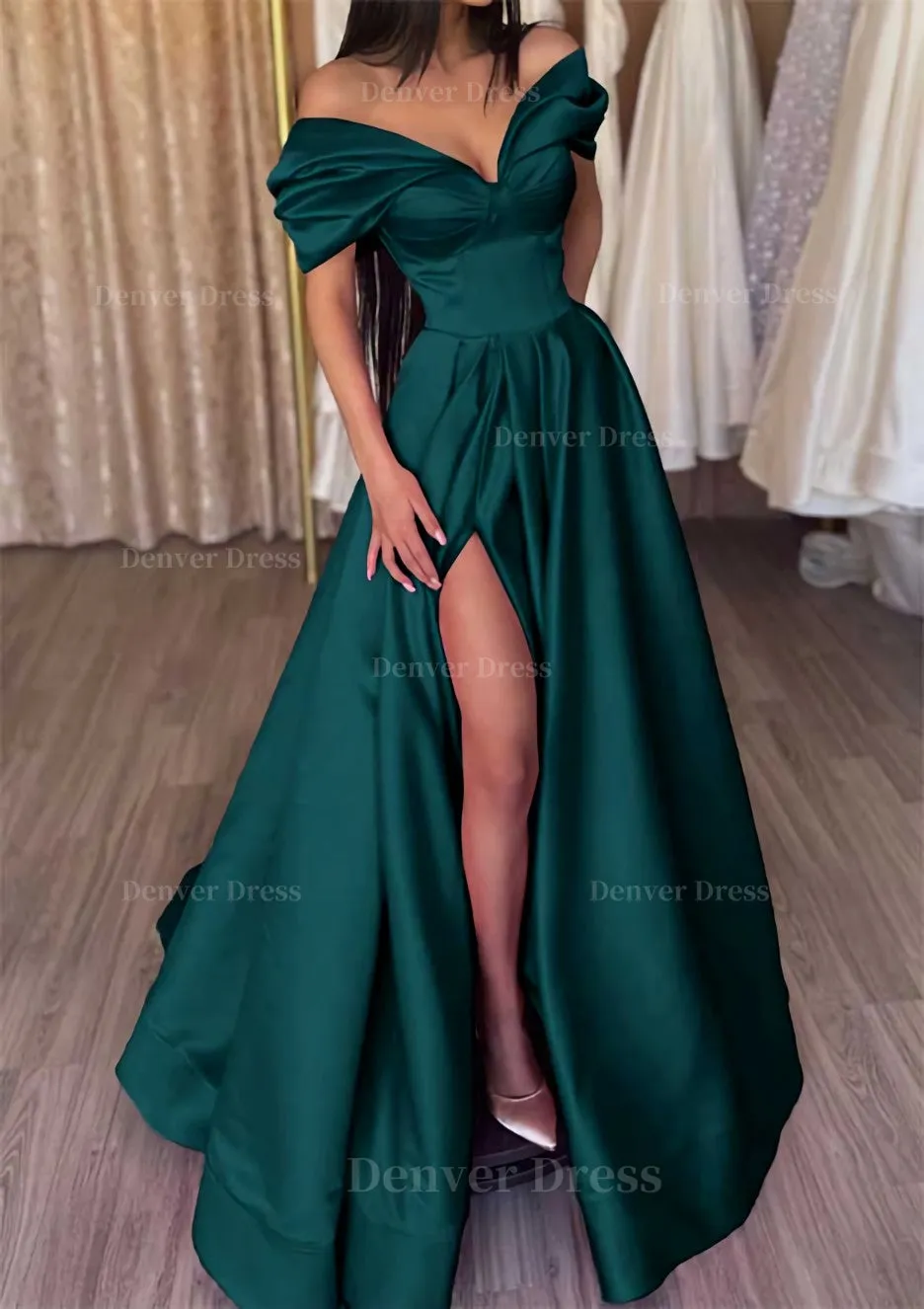 A-line Off-the-Shoulder Short Sleeve Satin Long/Floor-Length Prom Dress With Ruffles Split