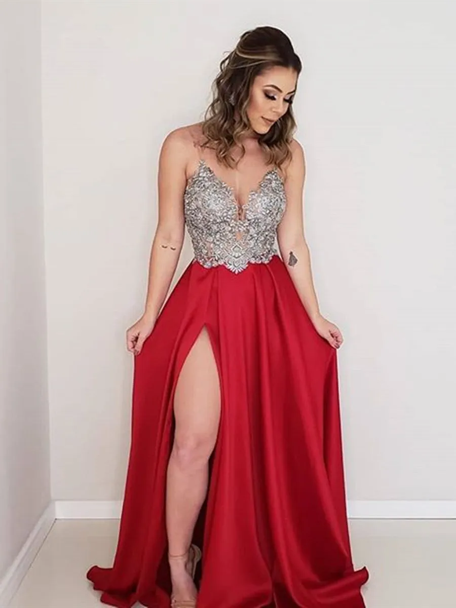 A Line V Neck Backless Lace Appliques Red/Light Blue Prom with Slit, Lace Backless Red/Light Blue Formal, Lace Evening