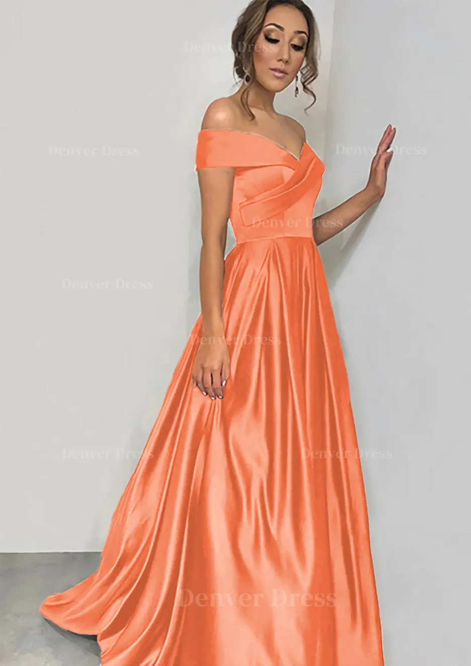 A-line/Princess Off-the-Shoulder Sleeveless Sweep Train Satin Prom Dress With Pleated