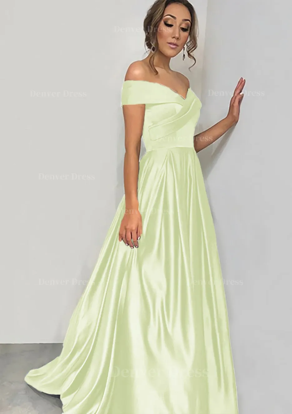 A-line/Princess Off-the-Shoulder Sleeveless Sweep Train Satin Prom Dress With Pleated