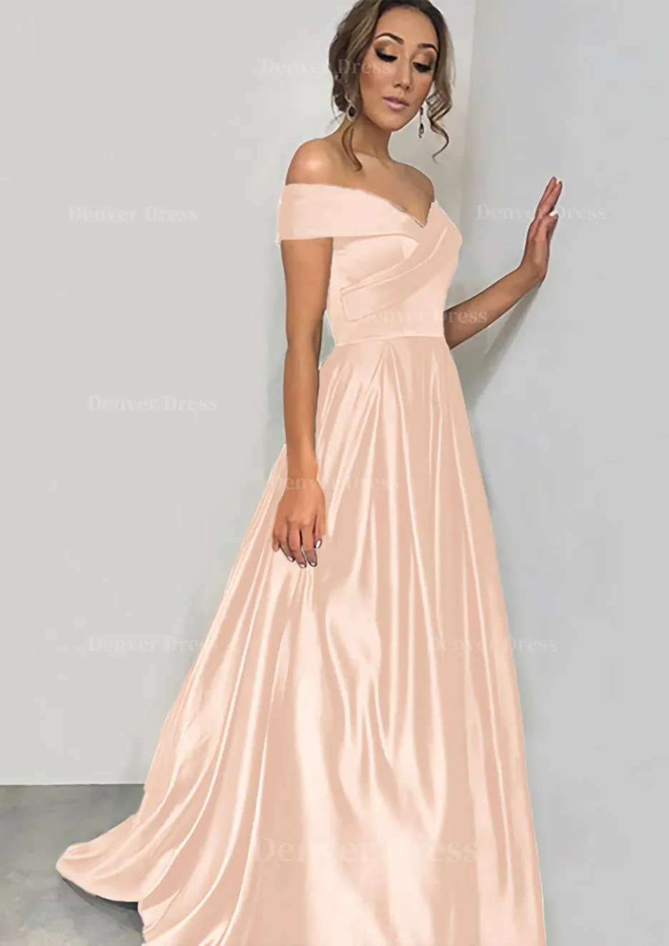 A-line/Princess Off-the-Shoulder Sleeveless Sweep Train Satin Prom Dress With Pleated