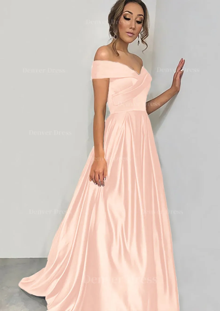 A-line/Princess Off-the-Shoulder Sleeveless Sweep Train Satin Prom Dress With Pleated