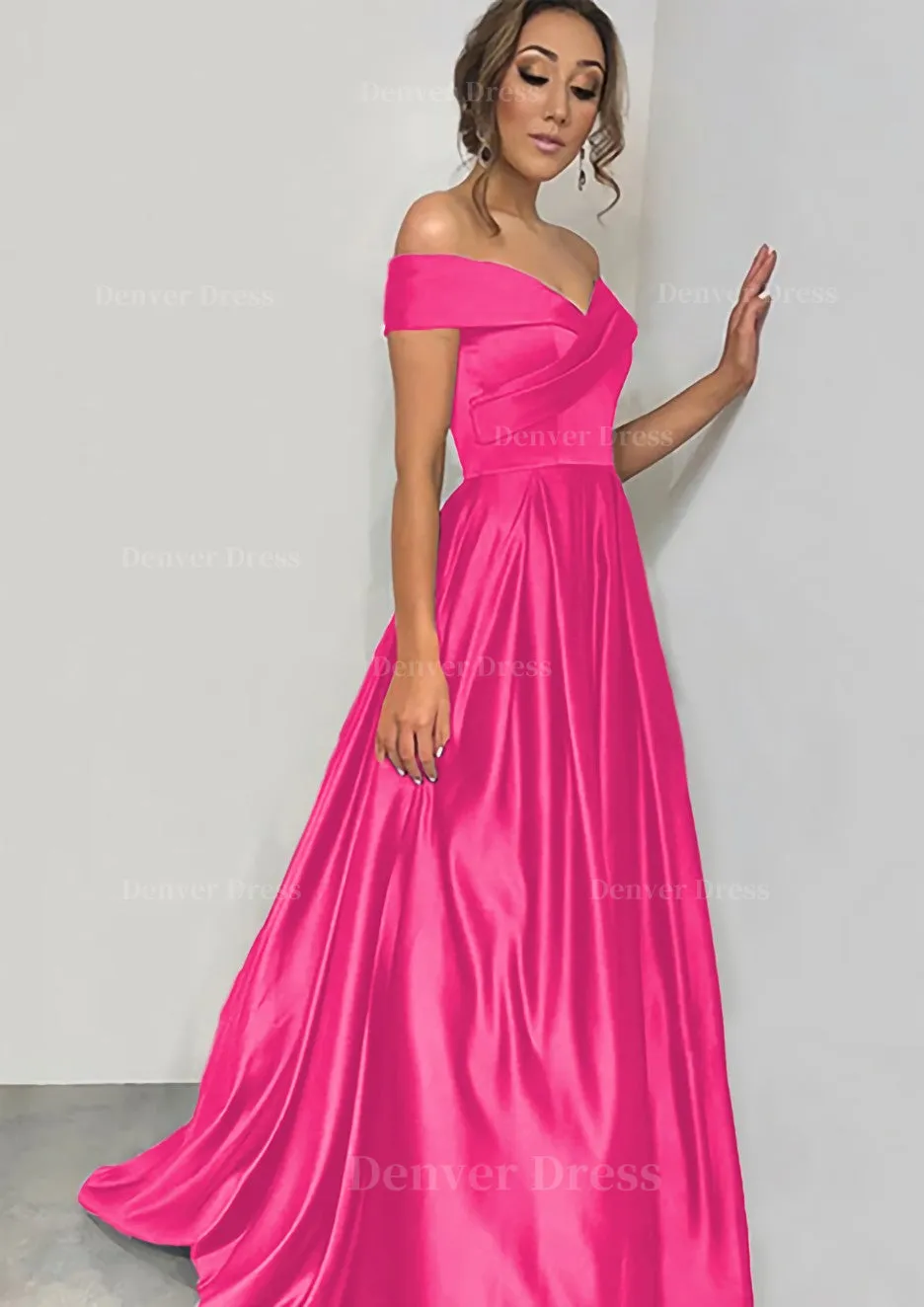 A-line/Princess Off-the-Shoulder Sleeveless Sweep Train Satin Prom Dress With Pleated