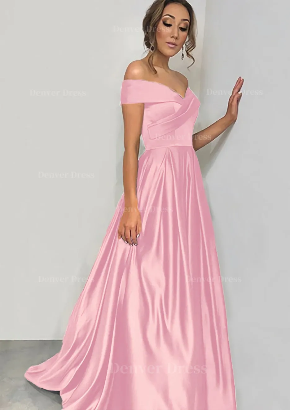 A-line/Princess Off-the-Shoulder Sleeveless Sweep Train Satin Prom Dress With Pleated