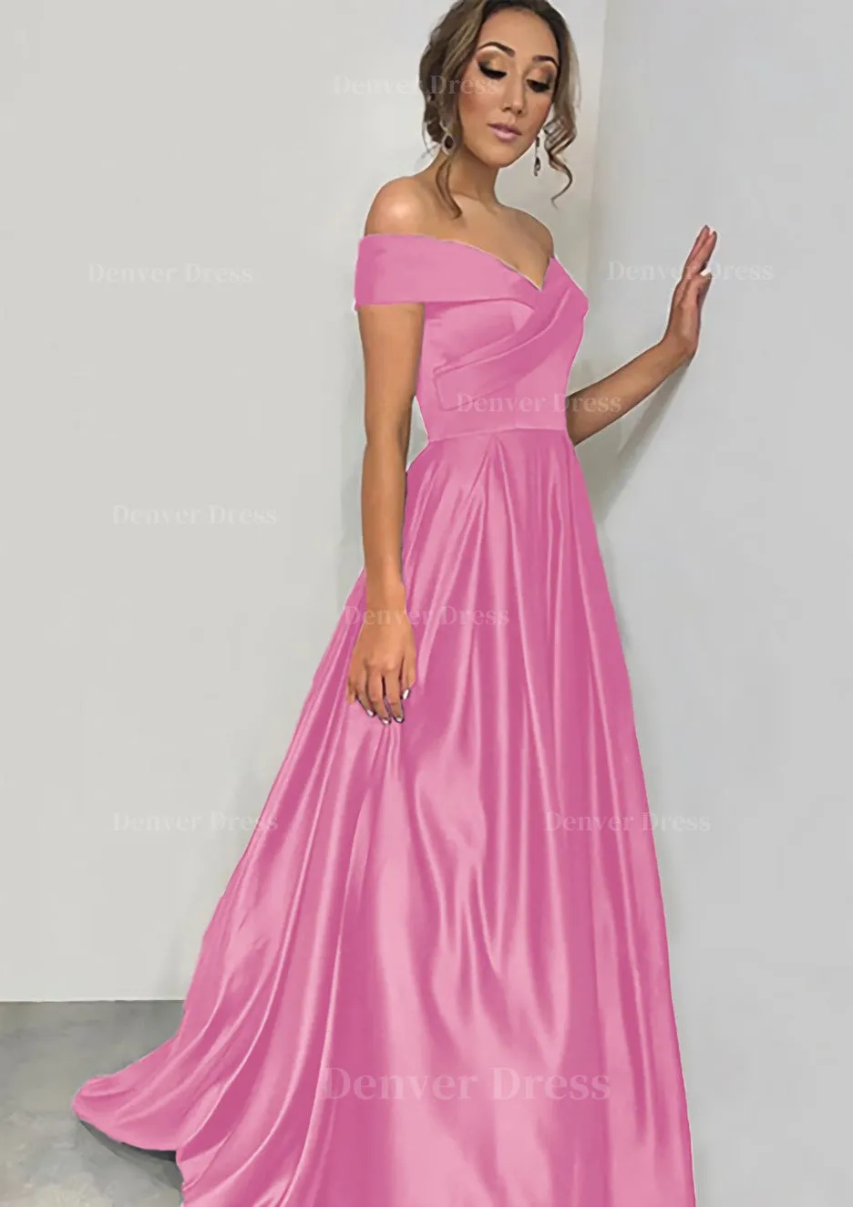 A-line/Princess Off-the-Shoulder Sleeveless Sweep Train Satin Prom Dress With Pleated