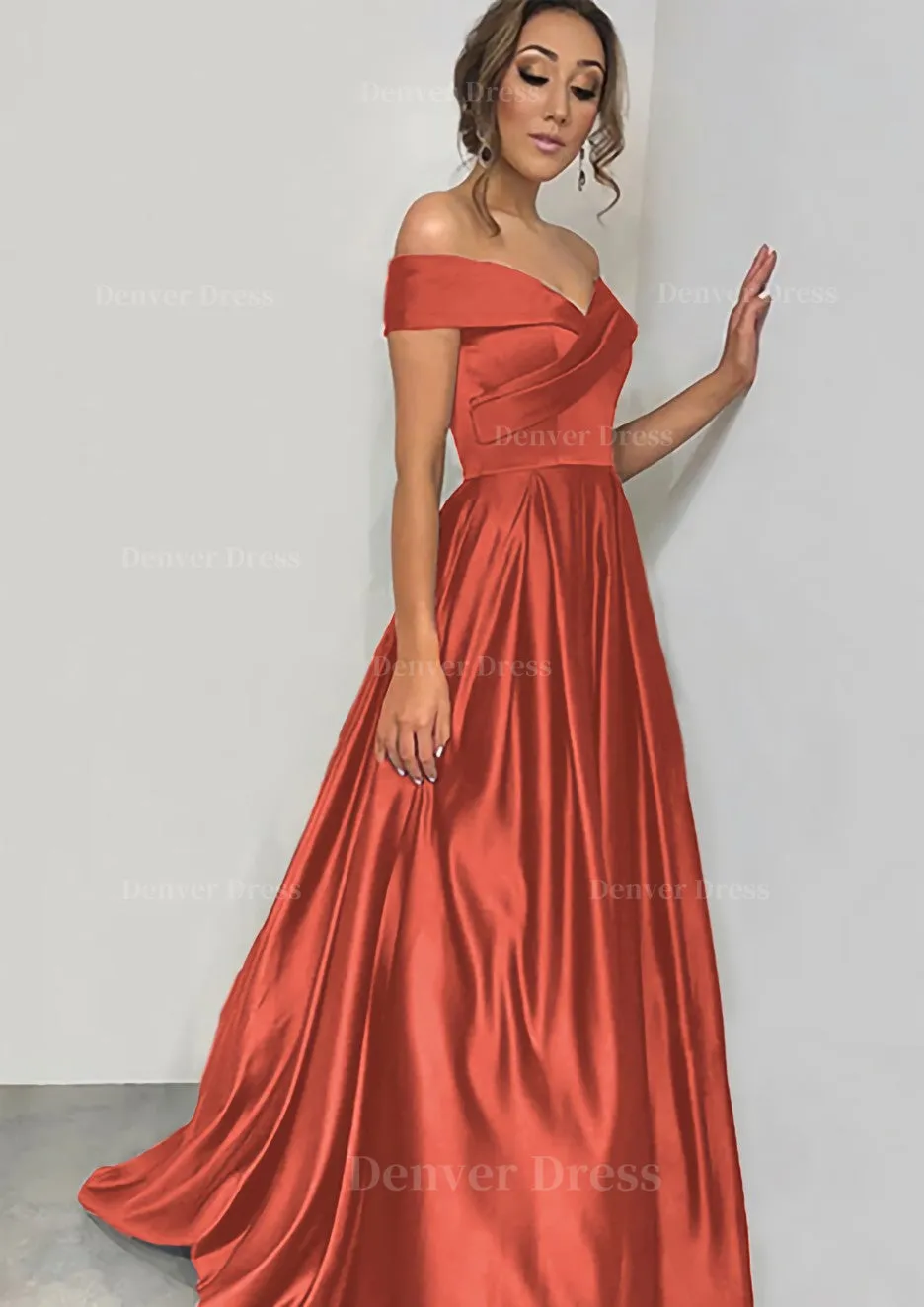 A-line/Princess Off-the-Shoulder Sleeveless Sweep Train Satin Prom Dress With Pleated