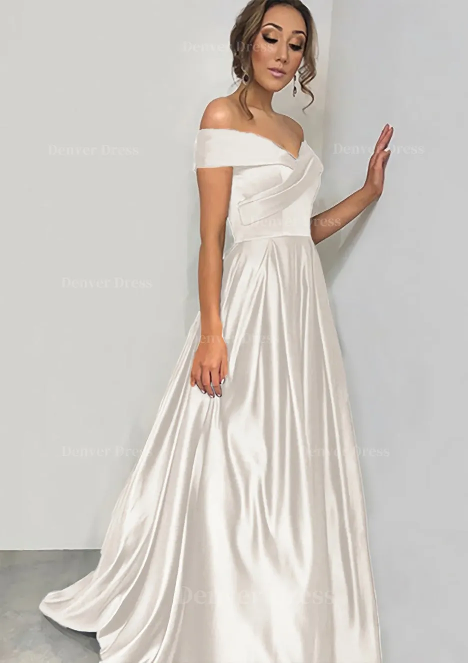 A-line/Princess Off-the-Shoulder Sleeveless Sweep Train Satin Prom Dress With Pleated