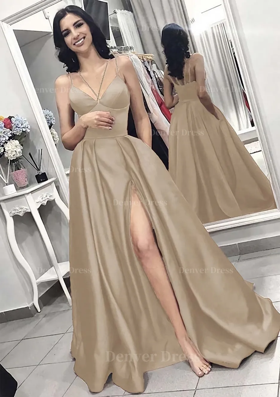 A-line/Princess V Neck Sleeveless Long/Floor-Length Elastic Satin Evening Dress With Split Pleated