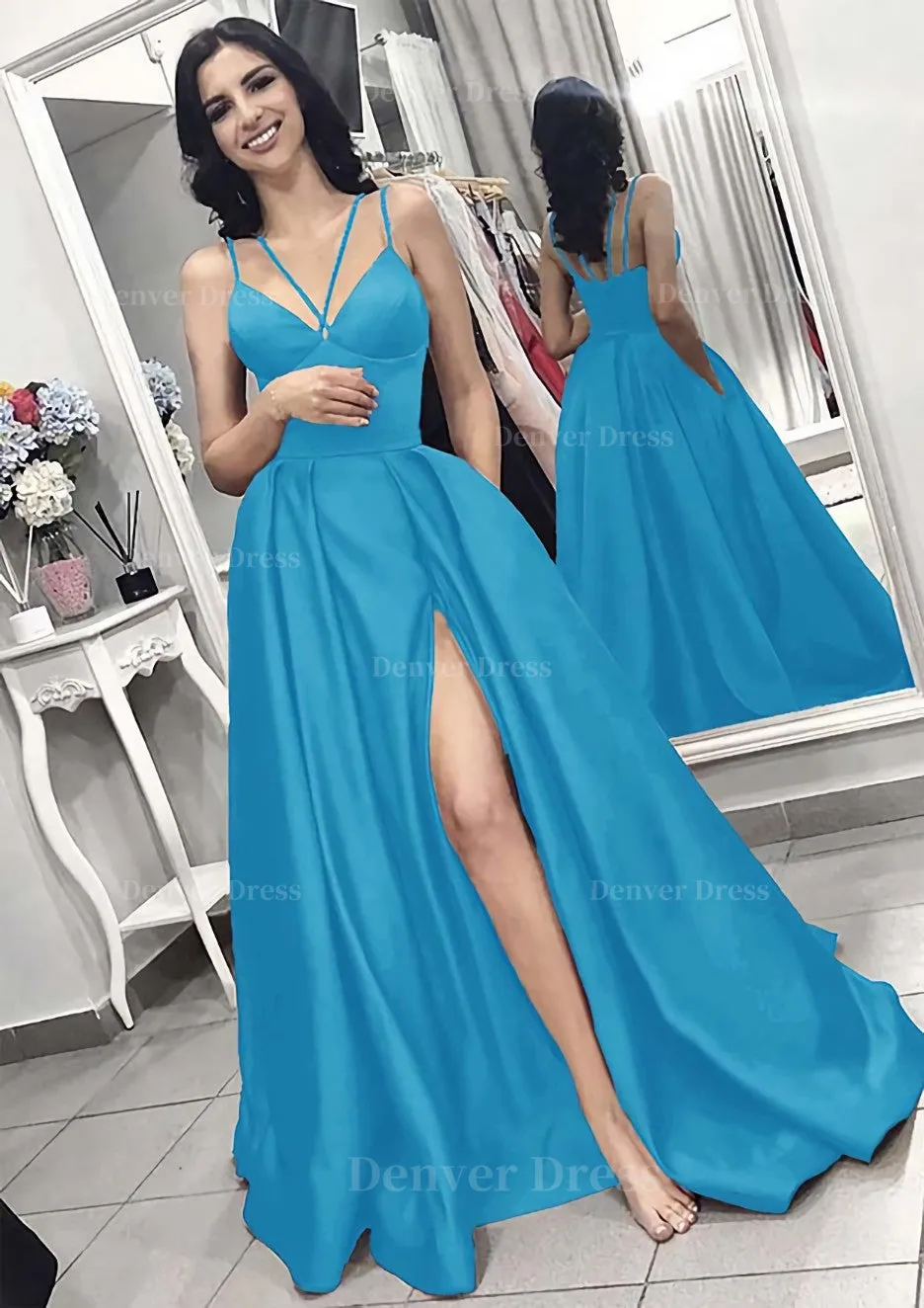 A-line/Princess V Neck Sleeveless Long/Floor-Length Elastic Satin Evening Dress With Split Pleated