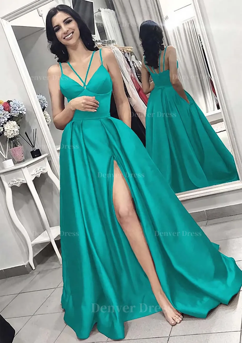 A-line/Princess V Neck Sleeveless Long/Floor-Length Elastic Satin Evening Dress With Split Pleated