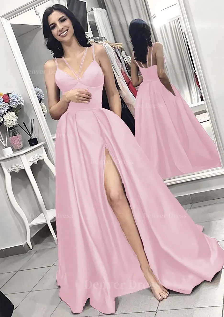 A-line/Princess V Neck Sleeveless Long/Floor-Length Elastic Satin Evening Dress With Split Pleated