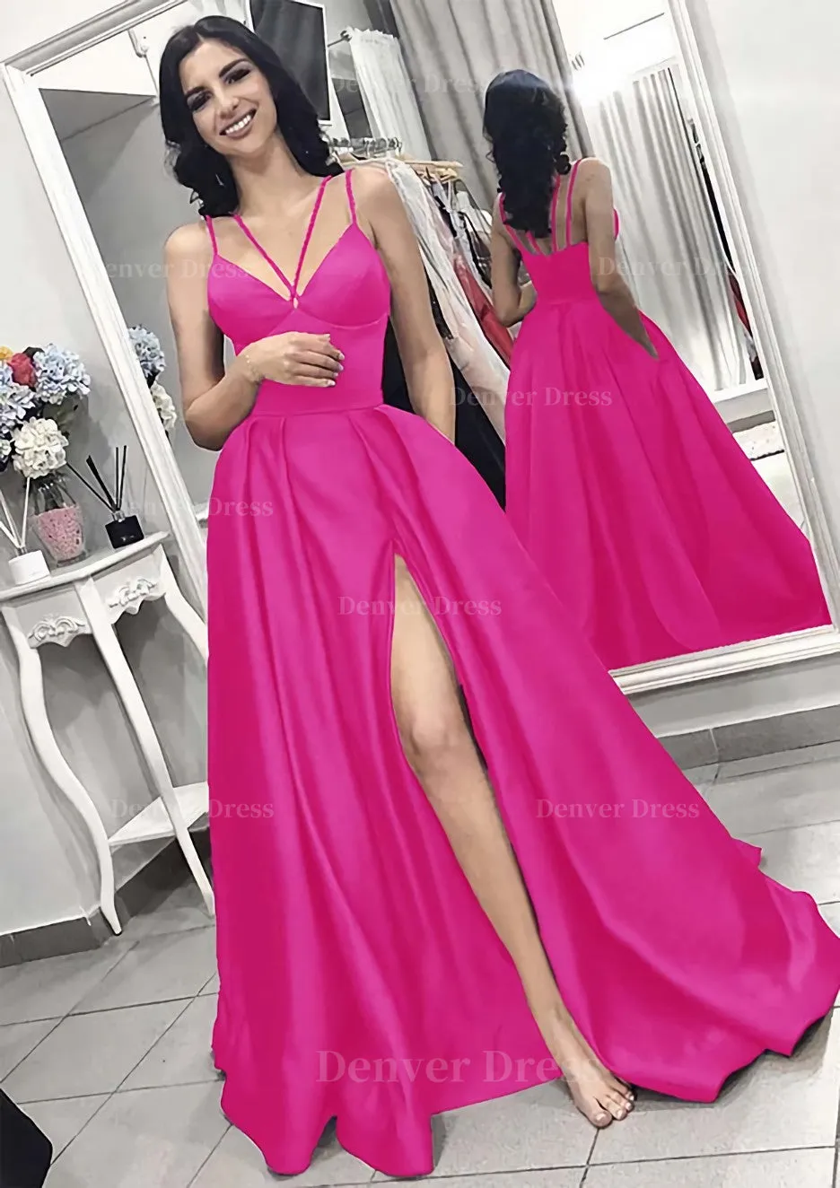 A-line/Princess V Neck Sleeveless Long/Floor-Length Elastic Satin Evening Dress With Split Pleated