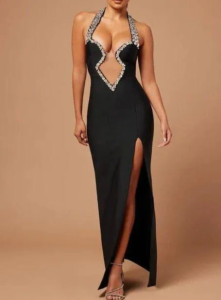 Abigail Open V Halter Crystal Detailed Dress