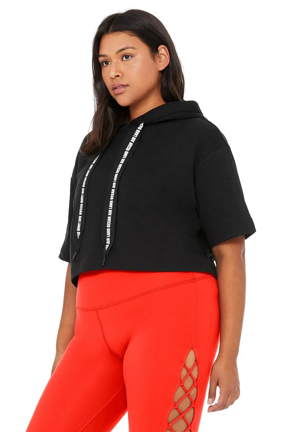 Air Land Ocean Short Sleeve Crop Hoodie - Black