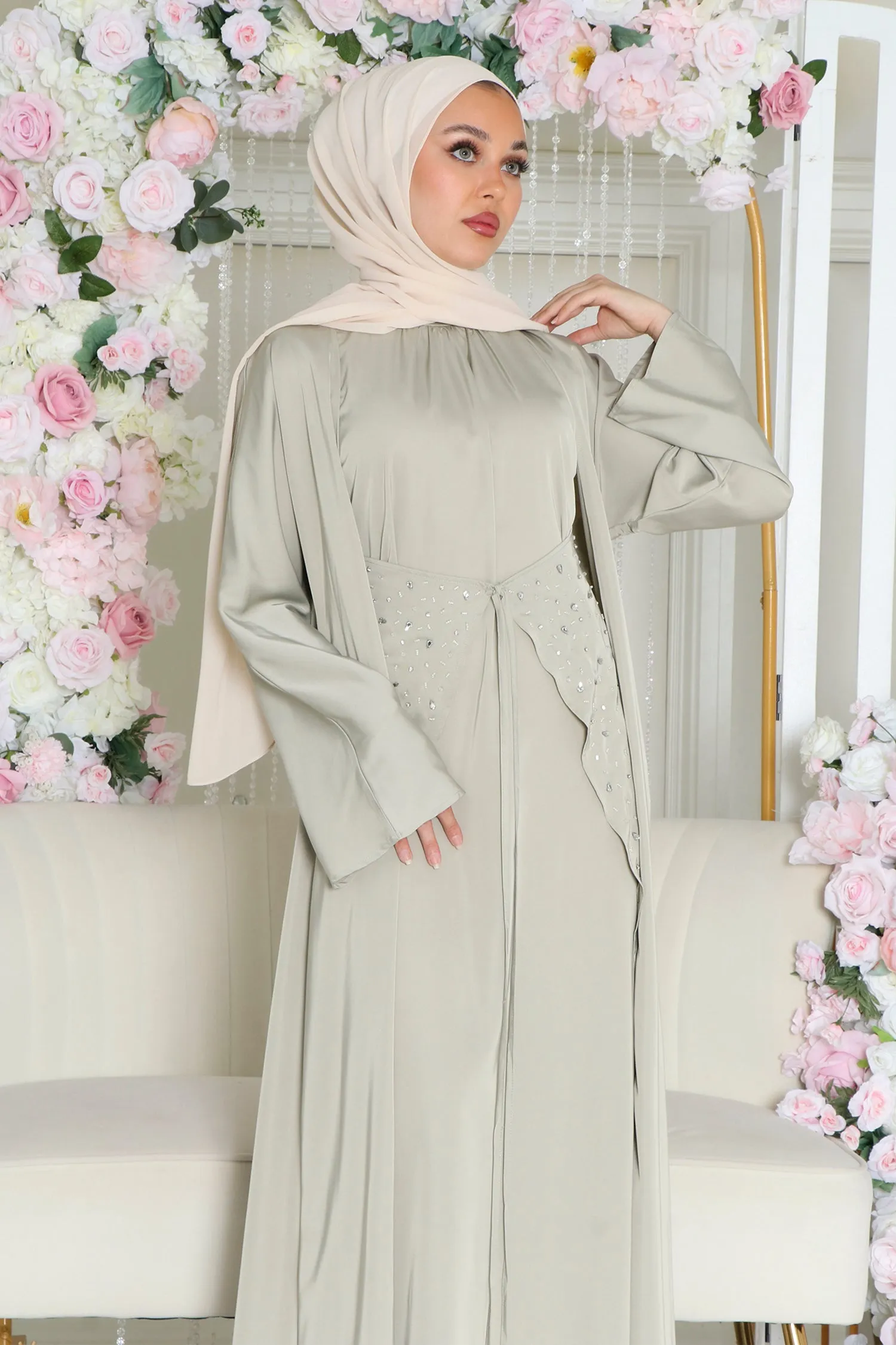 Aurora Beaded Tie Abaya Set- Light Sage