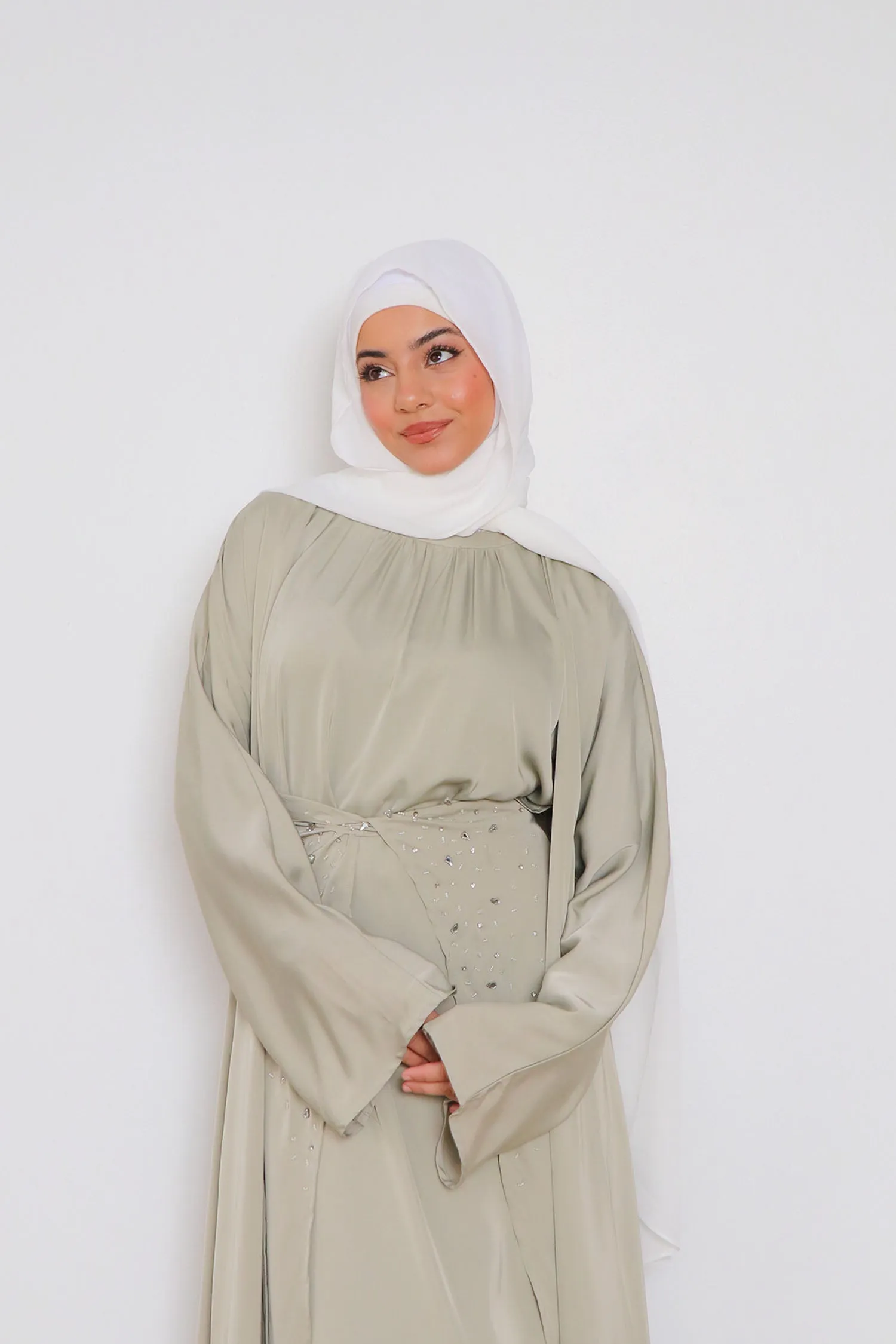 Aurora Beaded Tie Abaya Set- Light Sage