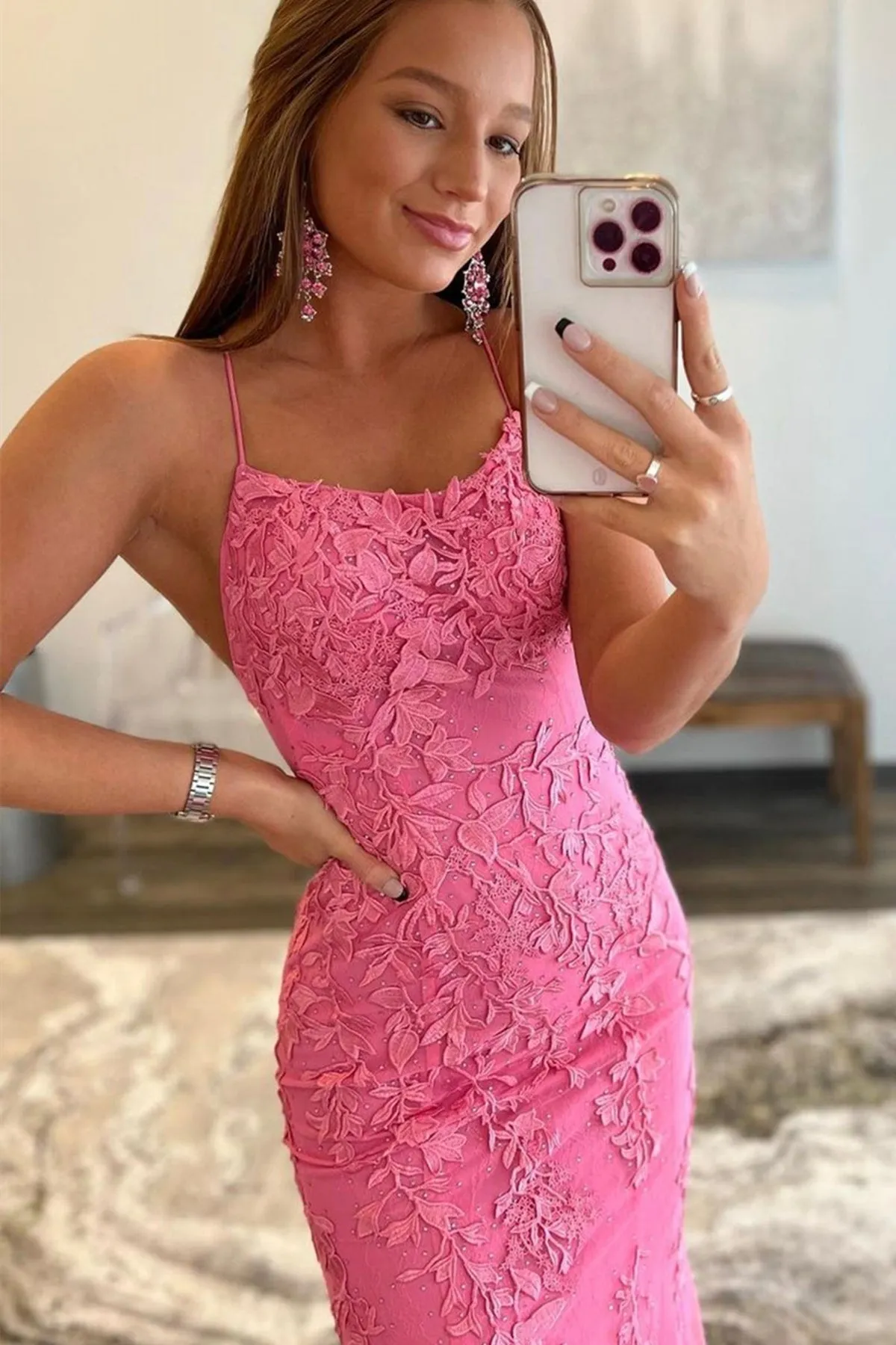 Backless Mermaid Hot Pink Lace Long Prom Dress, Mermaid Hot Pink Formal Dress, Hot Pink Lace Evening Dress A1446