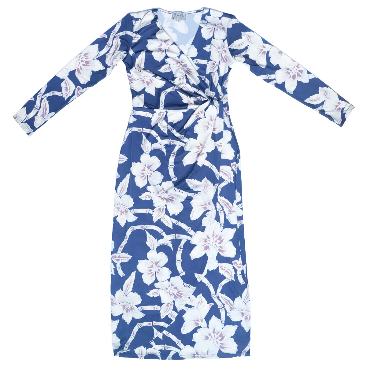 Bamboo Flowers (Midi Wrap Dress) - Navy