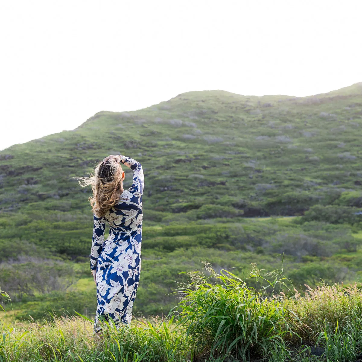 Bamboo Flowers (Midi Wrap Dress) - Navy