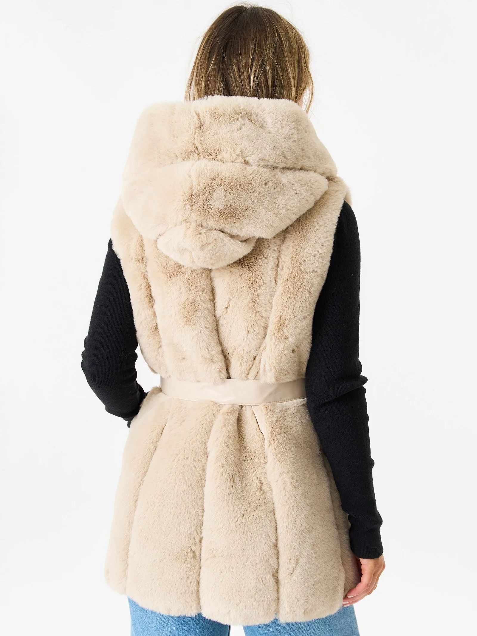 Beige Vertical Zip Long Fur Gilet