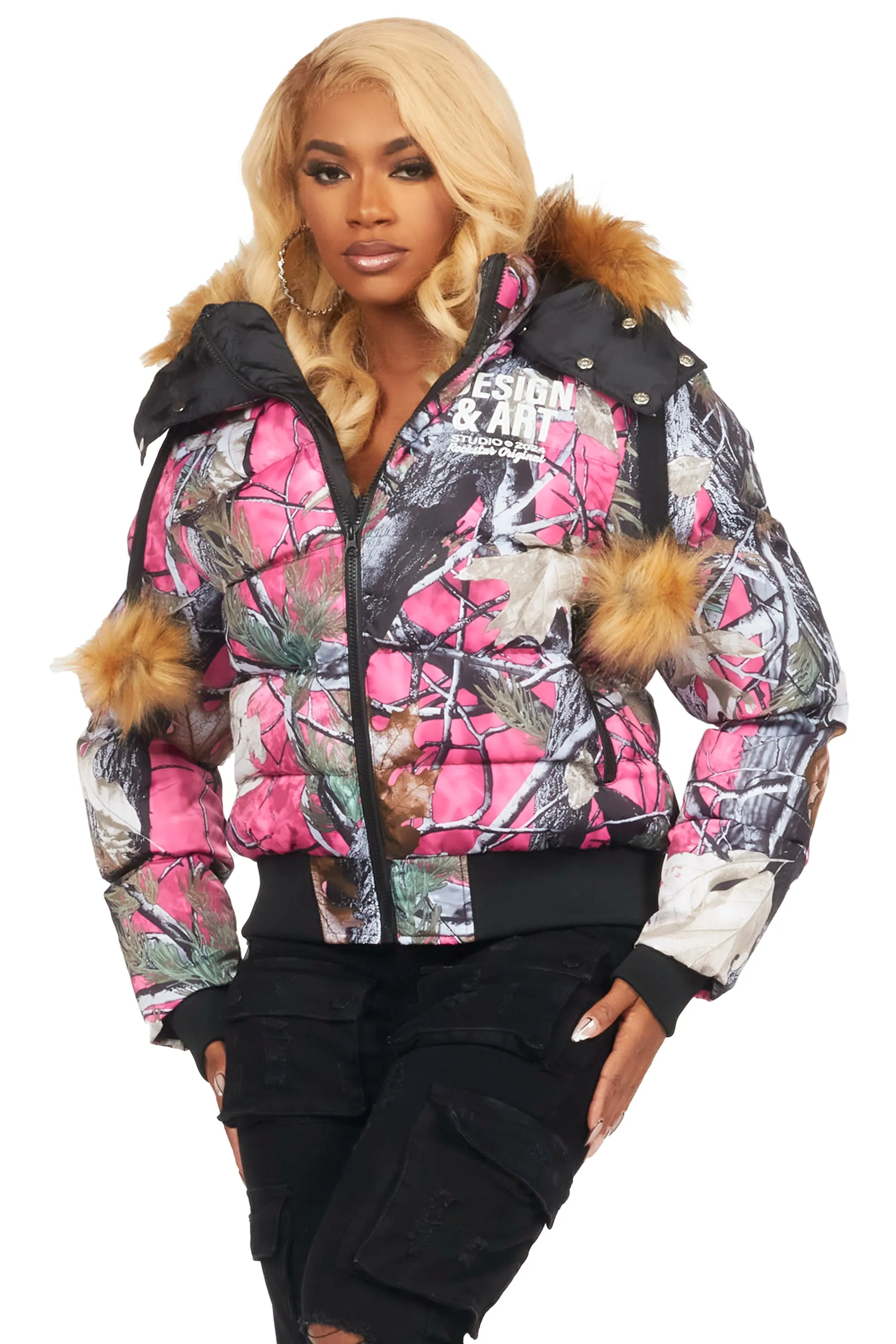 Benita Pink Tree Camo Puffer Jacket