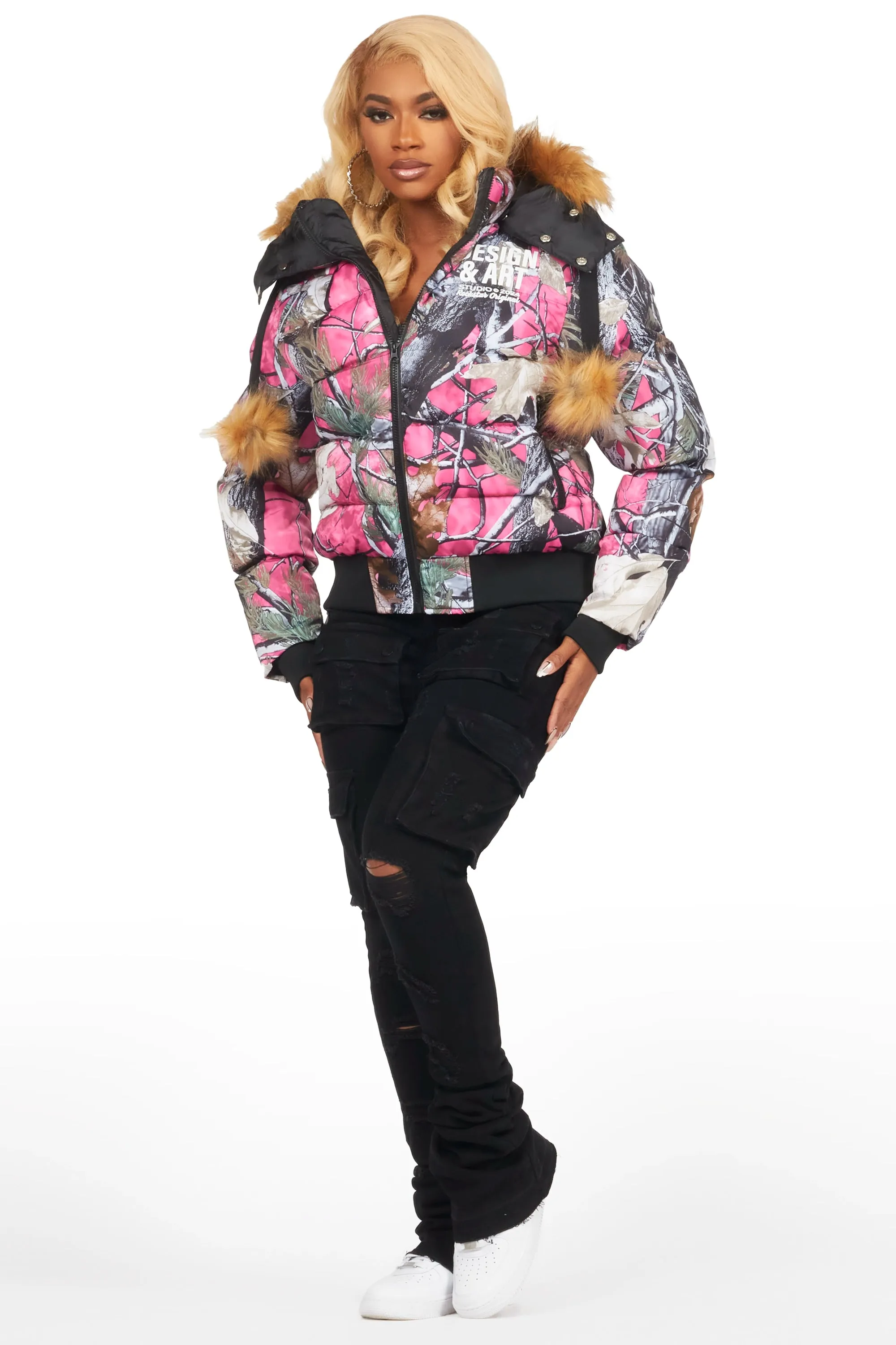 Benita Pink Tree Camo Puffer Jacket