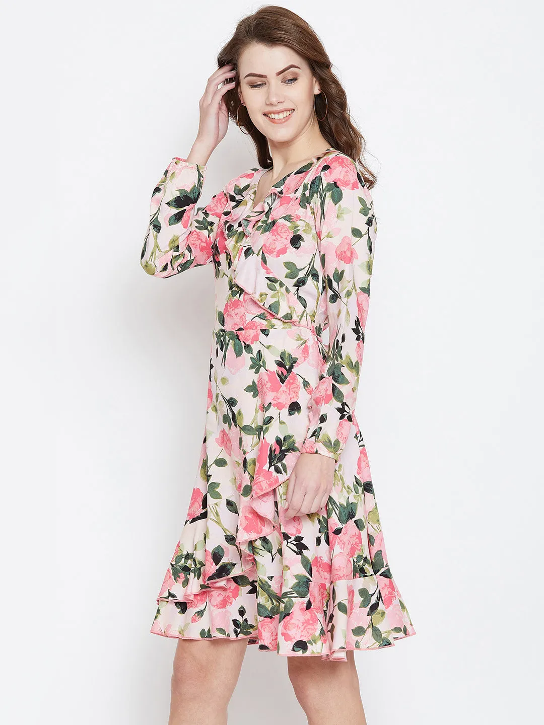 Berrylush Women Pink & Green Floral Printed V-Neck Back Tie-Knot Fit & Flare Midi Dress