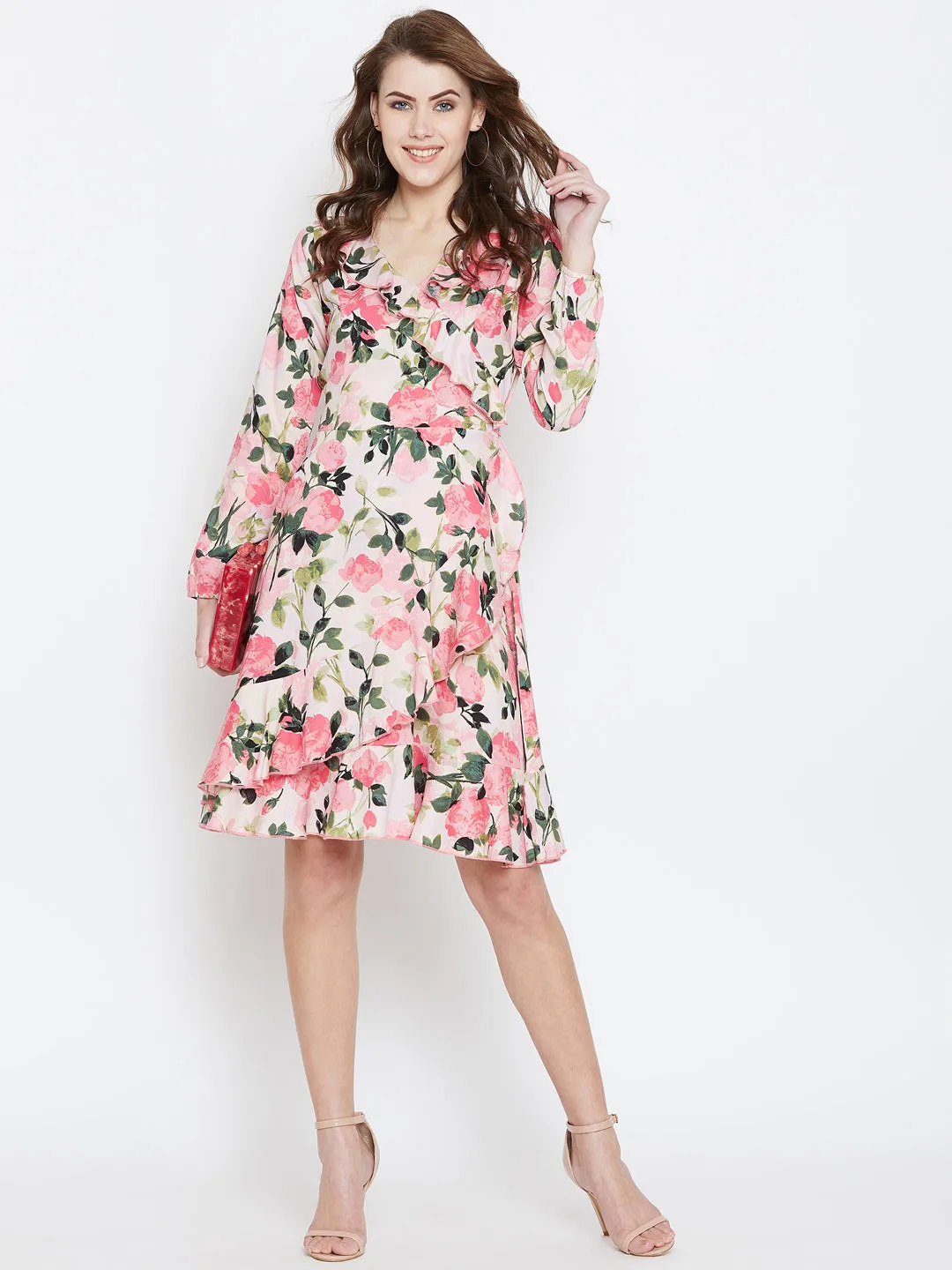 Berrylush Women Pink & Green Floral Printed V-Neck Back Tie-Knot Fit & Flare Midi Dress