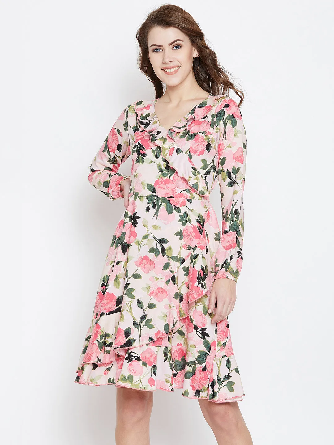 Berrylush Women Pink & Green Floral Printed V-Neck Back Tie-Knot Fit & Flare Midi Dress