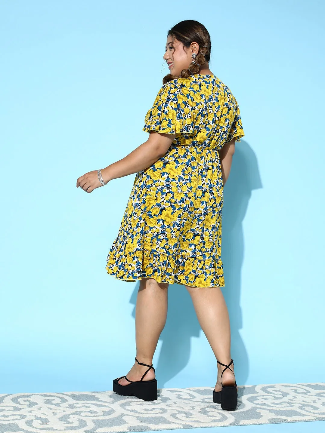 Berrylush Women Plus Size Yellow & Blue Floral Printed V-Neck Flare Sleeves Ruffled Wrap Midi Dress