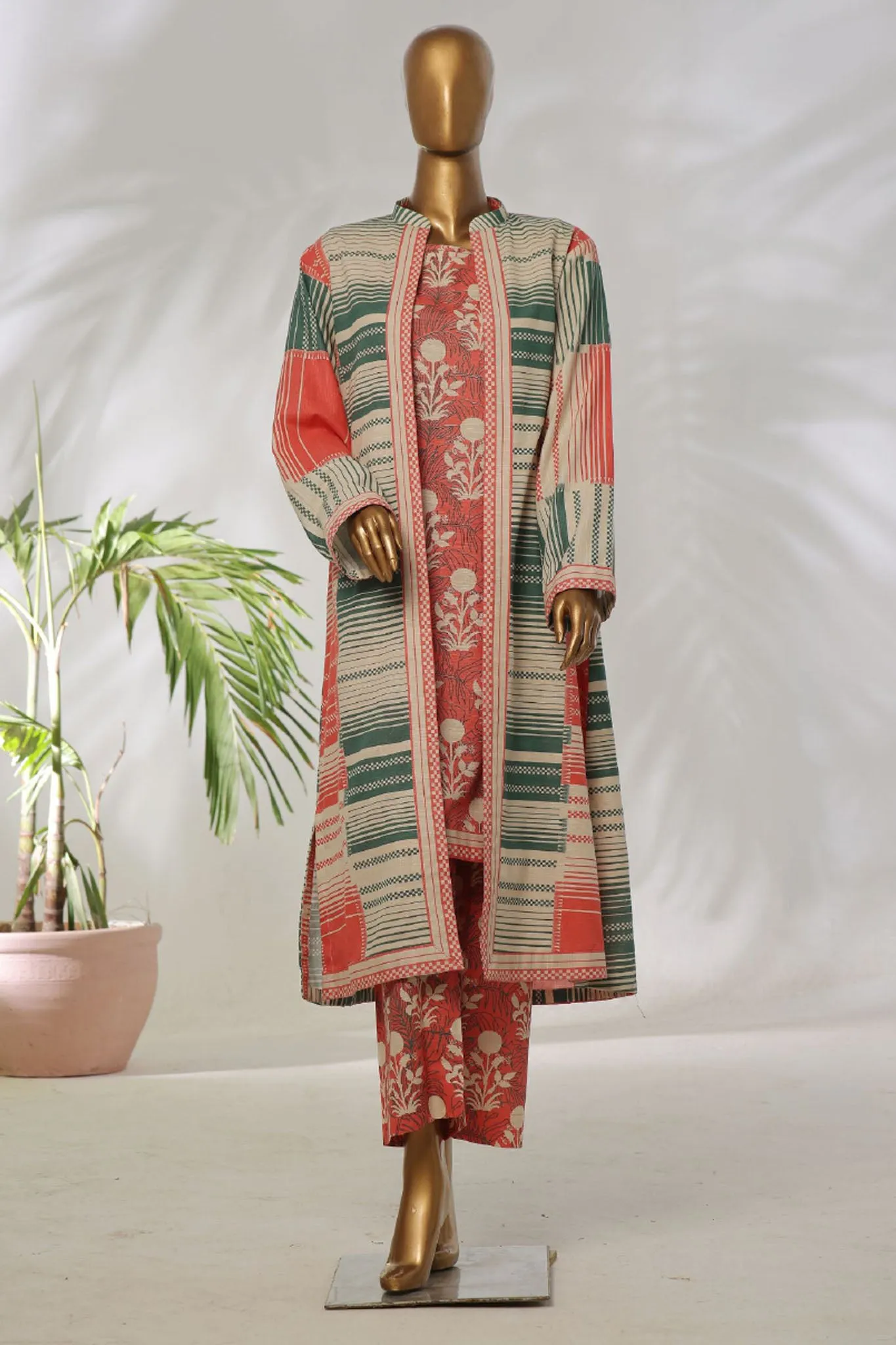 Bin Saeed Stitched 3 Piece Printed Khaddar Vol-01 Jacket Collection'2024-WK-1291-Orange