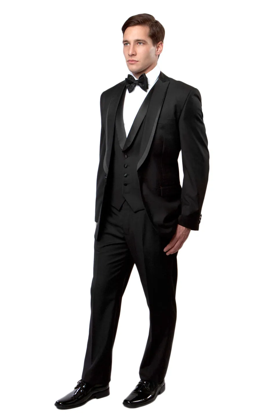 Black / Black Satin Bryan Michaels Shawl Collar Trim/ Peak Lapel Tuxedo Solid Slim Fit Prom Tuxedo For Men MT239S-00