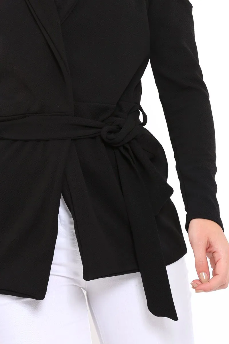 Black Cold Shoulder Tie Waist Blazer - Agnes