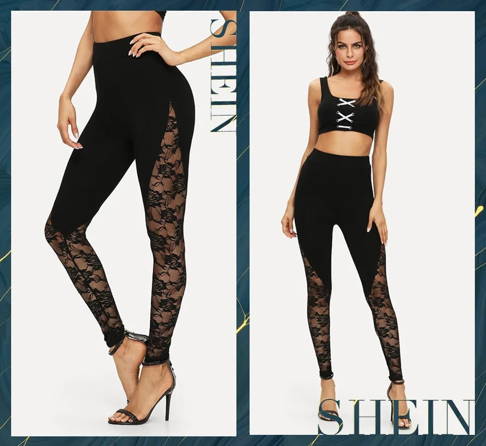 Black Elegant Sheer Floral Lace Insert Skinny Summer Leggings Going Out Trousers