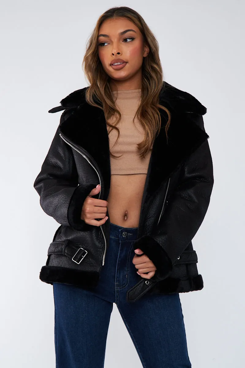 Black Faux Leather Aviator Jacket - Juniper