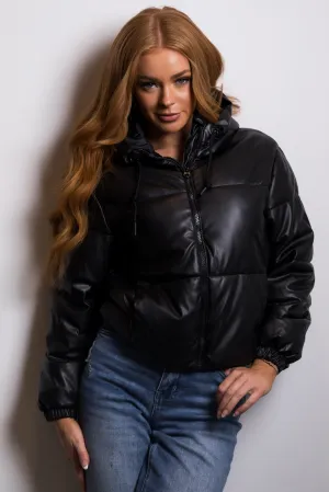 Black Faux Leather Hooded Puffer Jacket