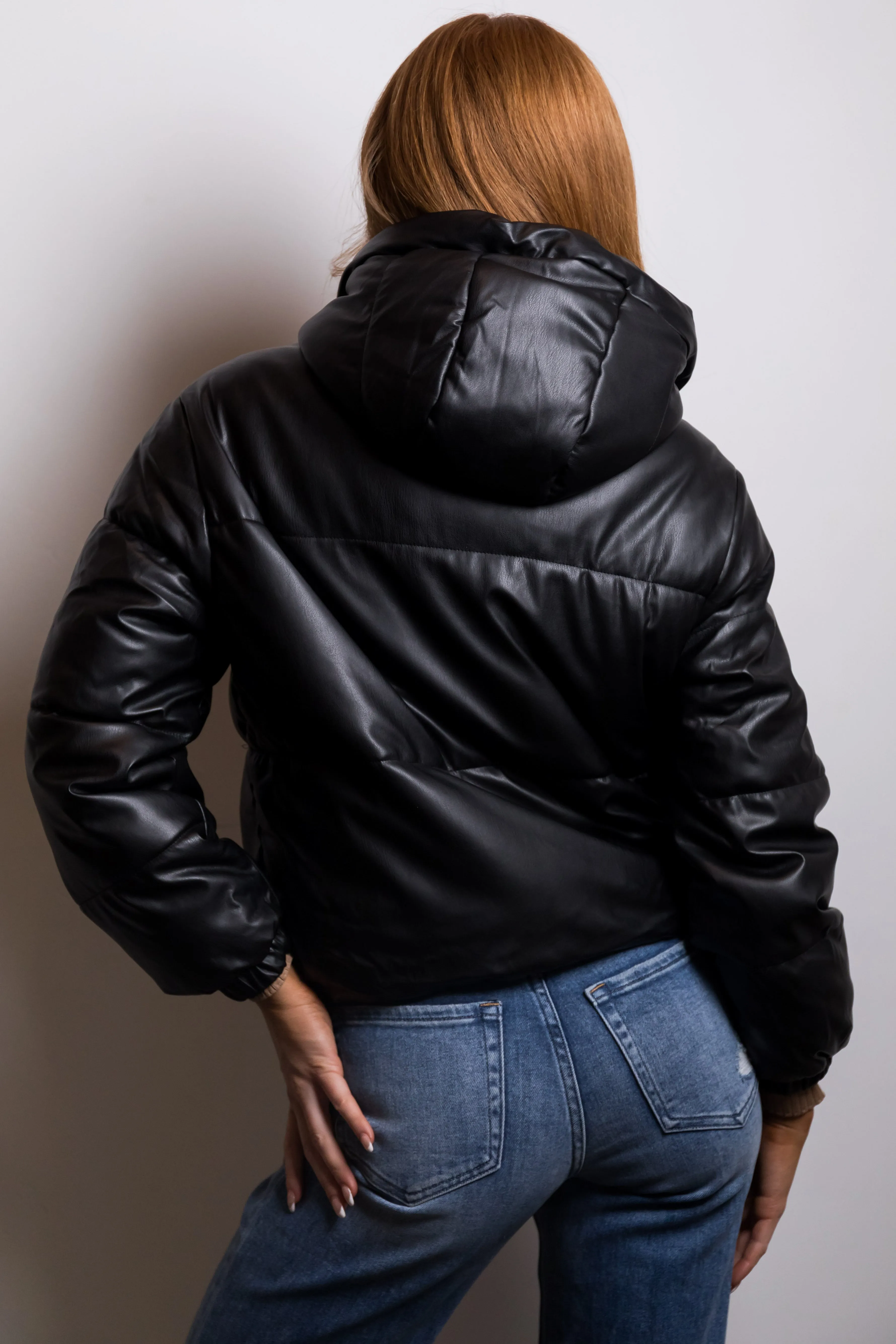 Black Faux Leather Hooded Puffer Jacket