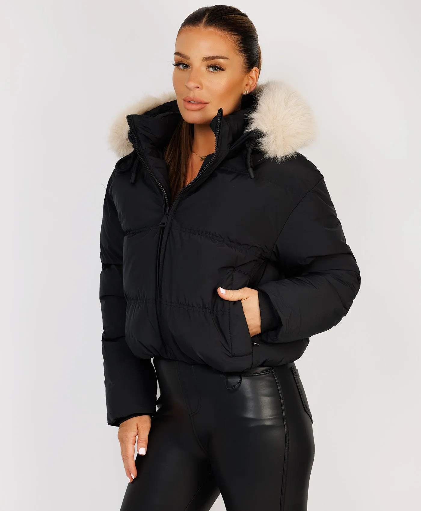 Black Padded Puffer Chunky Faux Fur Hood Drawstring Jacket